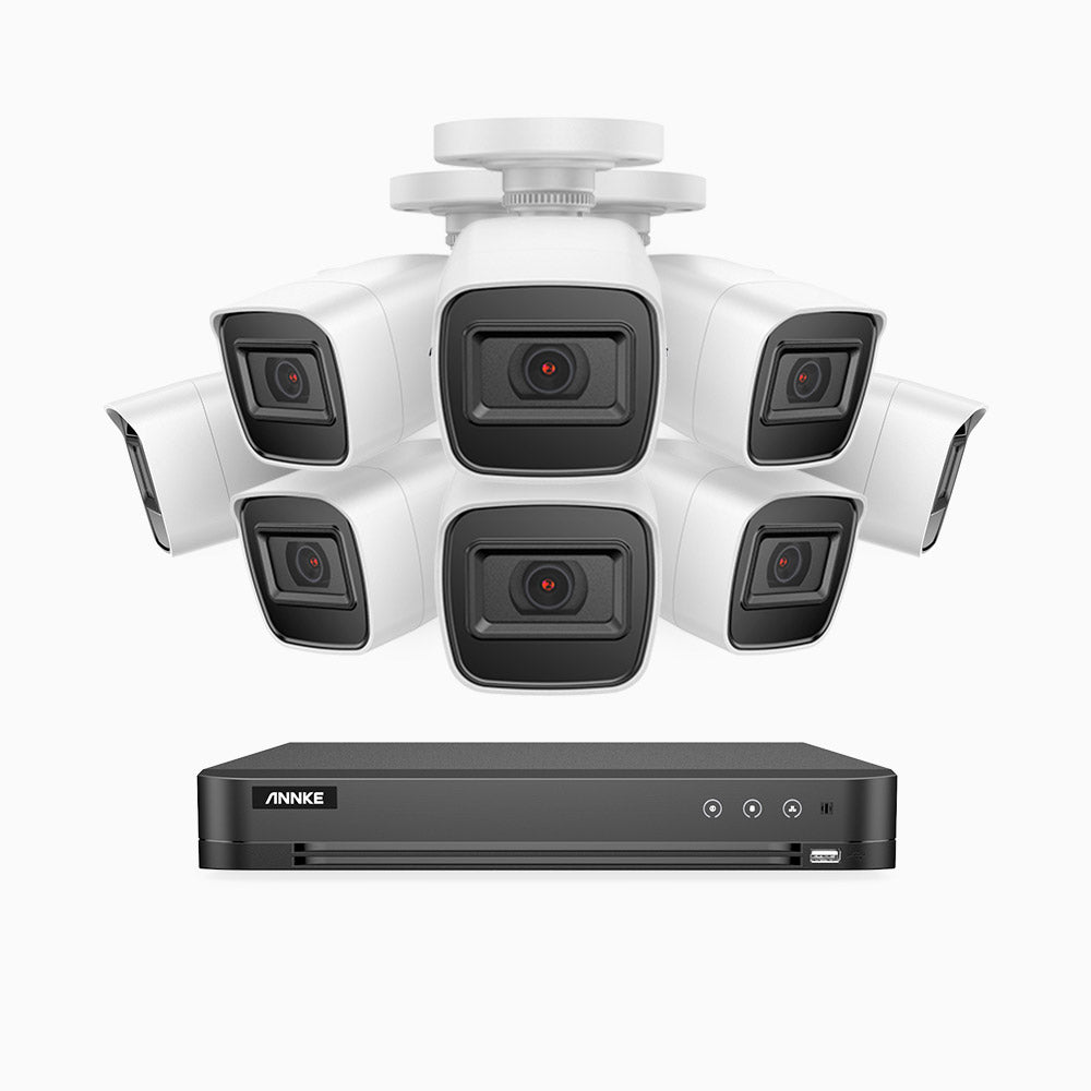 E800 - 4K 16 Kanal außen Kabelgebunden Überwachungskamera-Set mit 8 Kameras, 3840 x 2160 Pixel, IP67, 30m EXIR Nachtsicht, H.265+ AI DVR mit Personen-und Fahrzeugerkennung