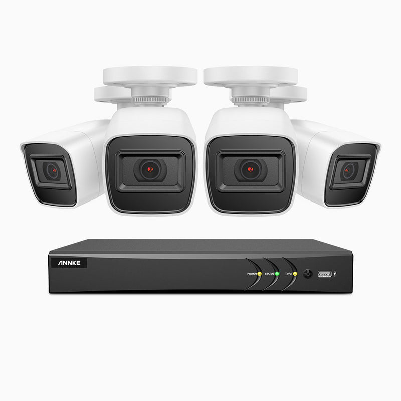 E800 - 4K 8 Kanal außen Kabelgebunden Überwachungskamera-Set mit 4 Kameras, 3840 x 2160 Pixel, IP67, 30m EXIR Nachtsicht, H.265+ AI DVR mit Personen-und Fahrzeugerkennung