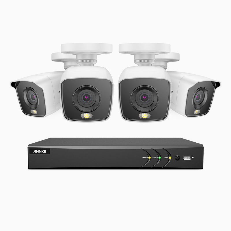 FC800 - 4K 8 Kanal Überwachungskamera-Set mit 4 Kameras, Farbnachtsicht, Eingebautes warmes Licht, 8MP-Auflösung, IP67, H.265+ AI DVR mit Personen-und Fahrzeugerkennung