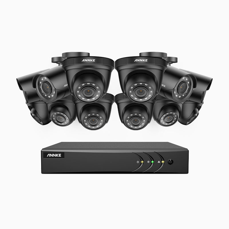 E200 - 1080P 16 Kanal außen Kabelgebunden Überwachungskamera-Set mit 4 Bullet Kameras & 8 Turm Kameras, H.265+ Smart DVR mit Personen-und Fahrzeugerkennung, 30m Infrarot Nachtsicht