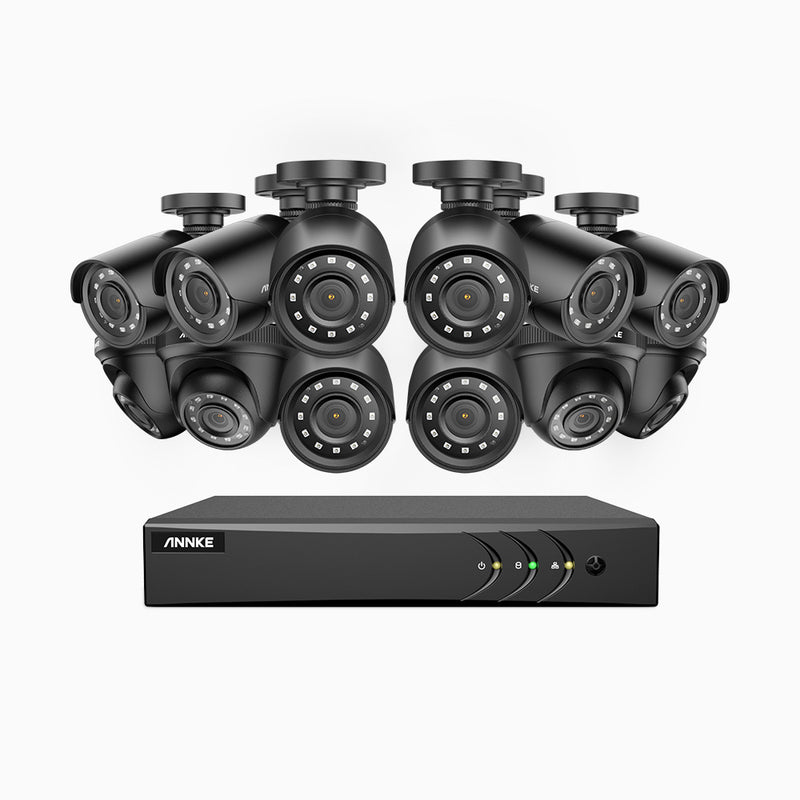 E200 - 1080P 16 Kanal außen Kabelgebunden Überwachungskamera-Set mit 8 Bullet Kameras & 4 Turm Kameras, H.265+ Smart DVR mit Personen-und Fahrzeugerkennung, 30m Infrarot Nachtsicht