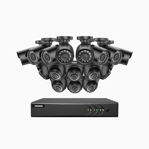 E200 - 1080P 16 Kanal außen Kabelgebunden Überwachungskamera-Set mit 8 Bullet Kameras & 8 Turm Kameras, H.265+ Smart DVR mit Personen-und Fahrzeugerkennung, 30m Infrarot Nachtsicht