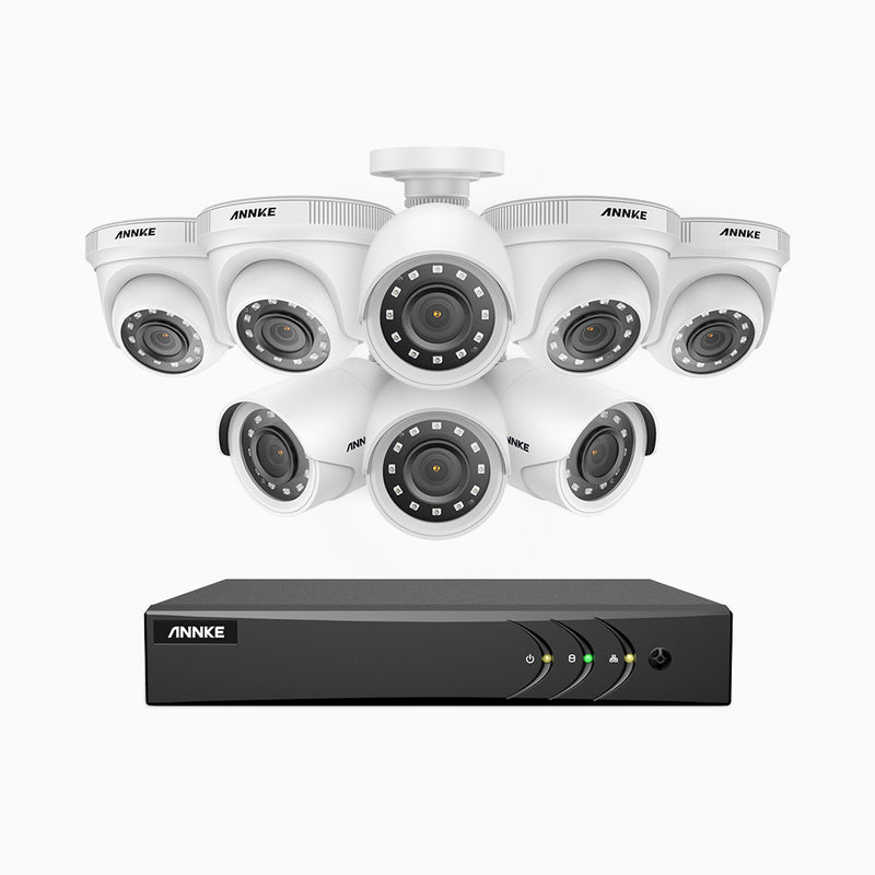 E200 - 1080P 16 Kanal außen Kabelgebunden Überwachungskamera-Set mit 4 Bullet Kameras & 4 Turm Kameras, H.265+ Smart DVR mit Personen-und Fahrzeugerkennung, 30m Infrarot Nachtsicht