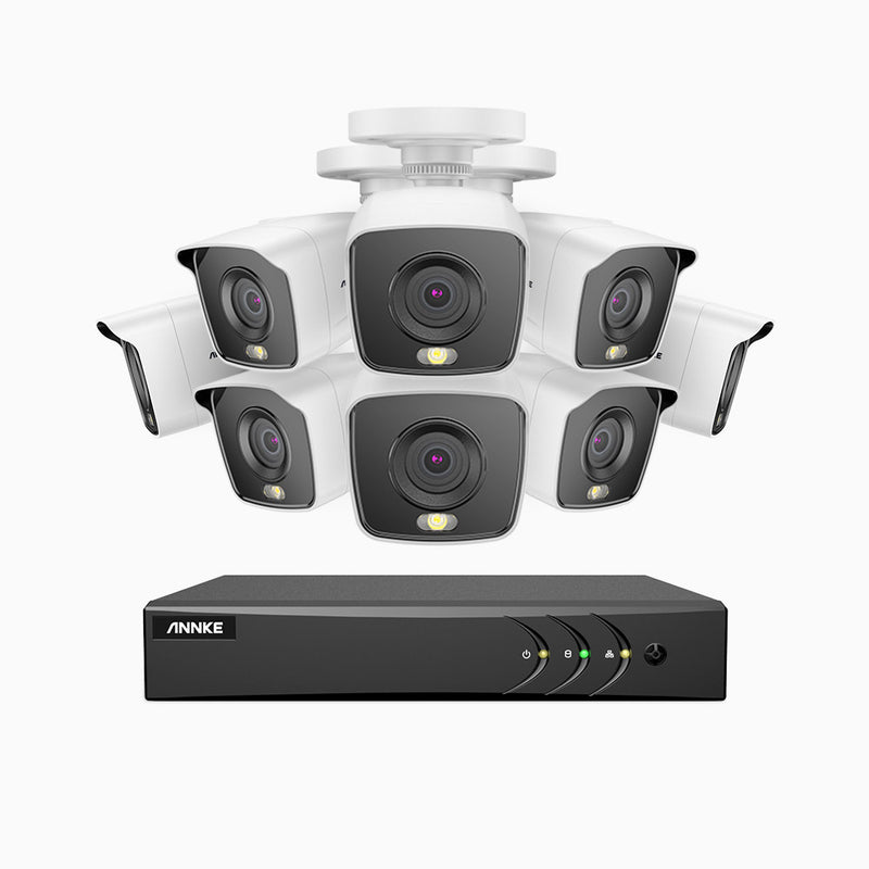 FC200 - 1080P 16 Kanal Überwachungskamera-Set mit 8 Kameras, Farbnachtsicht, Eingebautes warmes Licht, IP67, H.265+ AI DVR mit Personen-und Fahrzeugerkennung