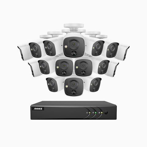 EP200 - 1080P 16 Kanal Kabelgebunden Überwachungskamera-Set mit 16 PIR-Kameras, Weißlichtalarm, 30m EXIR Nachtsicht, Smart-IR, H.265+ AI DVR mit Personen-und Fahrzeugerkennung