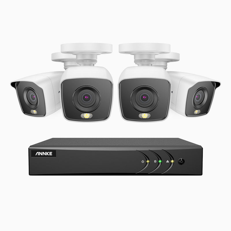 FC200 - 1080P 8 Kanal Überwachungskamera-Set mit 4 Kameras, Farbnachtsicht, Eingebautes warmes Licht, IP67, H.265+ AI DVR mit Personen-und Fahrzeugerkennung