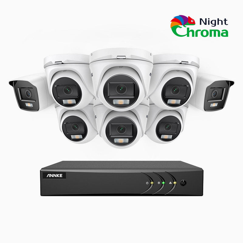 NightChroma<sup>TM</sup> NAK200 - 8-Kanal 1080P Full Color Nachtsicht Überwachungskamera-Set mit 2 Bullet Kameras & 6 Turm Kameras – Kostengünstiges 24/7 Überwachungssystem für Ihr zu Hause & Geschäft