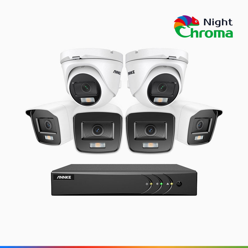 NightChroma<sup>TM</sup> NAK200 - 8-Kanal 1080P Full Color Nachtsicht Überwachungskamera-Set mit 4 Bullet Kamera & 2 Turm Kamera – Kostengünstiges 24/7 Überwachungssystem für Ihr zu Hause & Geschäft
