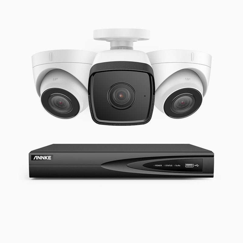 H500 - 5MP 4 Kanal PoE Überwachungskamera-Set mit 1 Bullet Kamera & 2 Turm Kameras, EXIR Nachtsicht 2.0, Eingebautes Mikrofon, Unterstützt RTSP und ONVIF, funktioniert mit Alexa, IP67