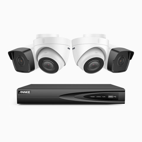 H500 - 5MP 4 Kanal PoE Überwachungskamera-Set mit 2 Bullet Kameras & 2 Turm Kameras, EXIR Nachtsicht 2.0, Eingebautes Mikrofon, Unterstützt RTSP und ONVIF, funktioniert mit Alexa, IP67