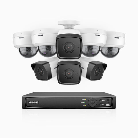 H500 - 5MP 16 Kanal PoE Überwachungskamera-Set mit 4 Bullet Kameras & 4 Dome Kameras, EXIR Nachtsicht 2.0, Eingebautes Mikrofon, Unterstützt RTSP und ONVIF, funktioniert mit Alexa, IP67