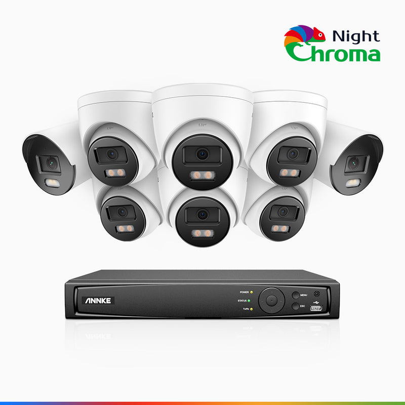 NightChroma<sup>TM</sup> NCK500 – 3K 16 Kanal PoE Überwachungskamera-Set mit 2 Bullet Kameras & 6 Turm Kameras, Farbnachtsicht, f/1.0 Superblende, 0.001 lx, Aktive Ausrichtung, Mit Mikrofon & SD-Kartensteckplatz