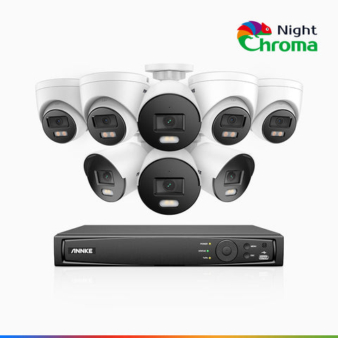 NightChroma<sup>TM</sup> NCK500 – 3K 16 Kanal PoE Überwachungskamera-Set mit 4 Bullet Kameras & 4 Turm Kameras, Farbnachtsicht, f/1.0 Superblende, 0.001 lx, Aktive Ausrichtung, Mit Mikrofon & SD-Kartensteckplatz