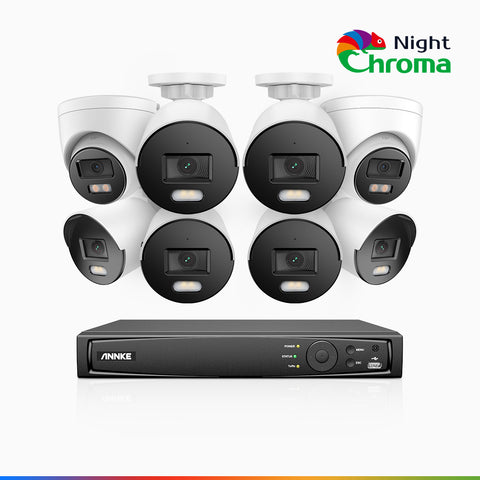 NightChroma<sup>TM</sup> NCK500 – 3K 16 Kanal PoE Überwachungskamera-Set mit 6 Bullet Kameras & 2 Turm Kameras, Farbnachtsicht, f/1.0 Superblende, 0.001 lx, Aktive Ausrichtung, Mit Mikrofon & SD-Kartensteckplatz