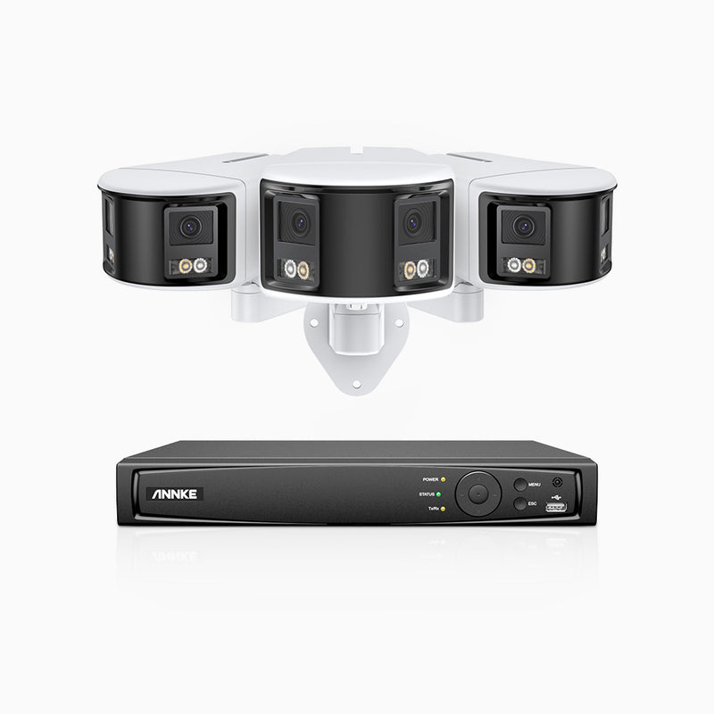 FDH600 - 6MP 8 Kanal PoE Panorama Überwachungskamera-Set mit 3 Kameras, zwei Objektiven, 180° Ultraweitwinkel, f/1.2 Superblende, BSI-Sensor, integriertes Mikrofon, aktive Sirene und Alarm, Personen-und Fahrzeugerkennung