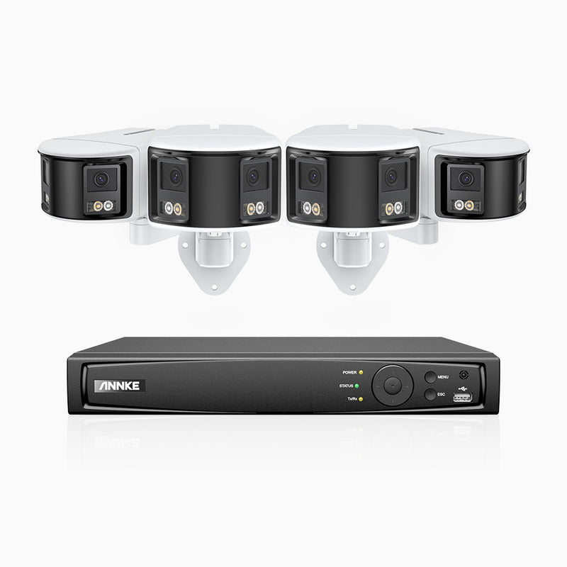 FDH600 - 6MP 8 Kanal PoE Panorama Überwachungskamera-Set mit 4 Kameras, zwei Objektiven, 180° Ultraweitwinkel, f/1.2 Superblende, BSI-Sensor, integriertes Mikrofon, aktive Sirene und Alarm, Personen-und Fahrzeugerkennung