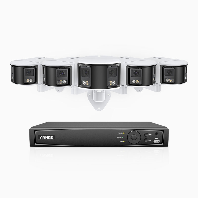 FDH600 - 6MP 8 Kanal PoE Panorama Überwachungskamera-Set mit 5 Kameras, zwei Objektiven, 180° Ultraweitwinkel, f/1.2 Superblende, BSI-Sensor, integriertes Mikrofon, aktive Sirene und Alarm, Personen-und Fahrzeugerkennung