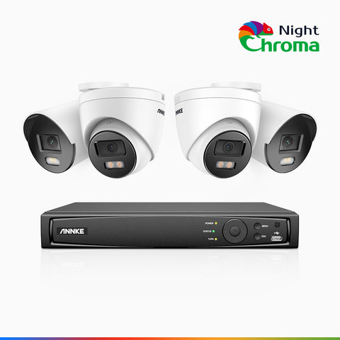 NightChroma<sup>TM</sup> NCK500 – 3K 8 Kanal PoE Überwachungskamera-Set mit 2 Bullet Kameras & 2 Turm Kameras, Farbnachtsicht, f/1.0 Superblende, 0.001 lx, Aktive Ausrichtung, Mit Mikrofon & SD-Kartensteckplatz