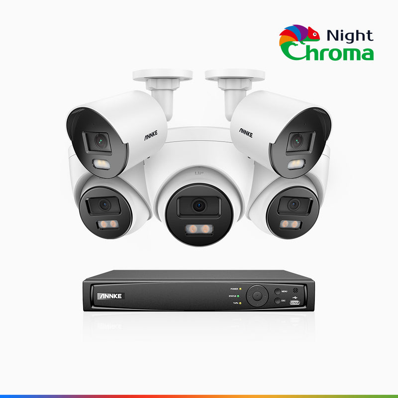 NightChroma<sup>TM</sup> NCK400 – 4MP 8 Kanal PoE Überwachungskamera-Set mit 2 Bullet Kameras & 3 Turm Kameras, Farbnachtsicht, f/1.0 Superblende, 0.001 lx, Aktive Ausrichtung, Mit Mikrofon & SD-Kartensteckplatz