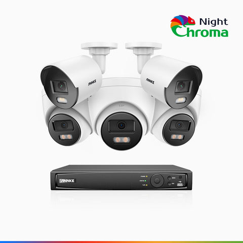 NightChroma<sup>TM</sup> NCK500 – 3K 8 Kanal PoE Überwachungskamera-Set mit 2 Bullet Kameras & 3 Turm Kameras, Farbnachtsicht, f/1.0 Superblende, 0.001 lx, Aktive Ausrichtung, Mit Mikrofon & SD-Kartensteckplatz