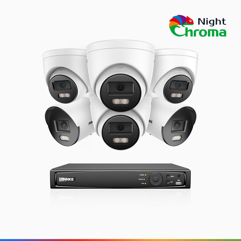 NightChroma<sup>TM</sup> NCK500 – 3K 8 Kanal PoE Überwachungskamera-Set mit 2 Bullet Kameras & 4 Turm Kameras, Farbnachtsicht, f/1.0 Superblende, 0.001 lx, Aktive Ausrichtung, Mit Mikrofon & SD-Kartensteckplatz