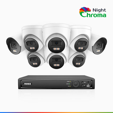 NightChroma<sup>TM</sup> NCK500 – 3K 8 Kanal PoE Überwachungskamera-Set mit 2 Bullet Kameras & 6 Turm Kameras, Farbnachtsicht, f/1.0 Superblende, 0.001 lx, Aktive Ausrichtung, Mit Mikrofon & SD-Kartensteckplatz
