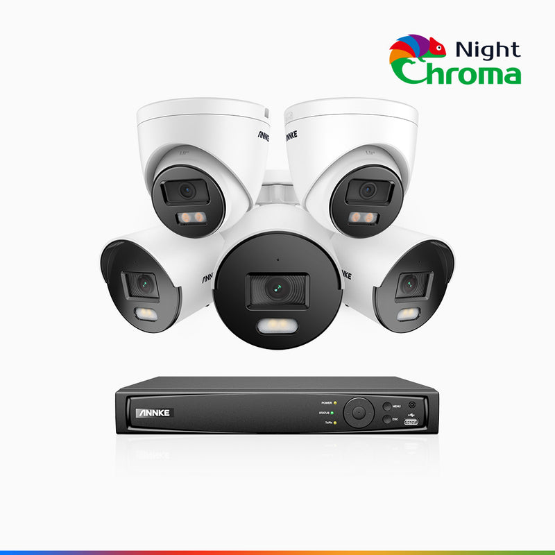 NightChroma<sup>TM</sup> NCK400 – 4MP 8 Kanal PoE Überwachungskamera-Set mit 3 Bullet Kameras & 2 Turm Kameras, Farbnachtsicht, f/1.0 Superblende, 0.001 lx, Aktive Ausrichtung, Mit Mikrofon & SD-Kartensteckplatz