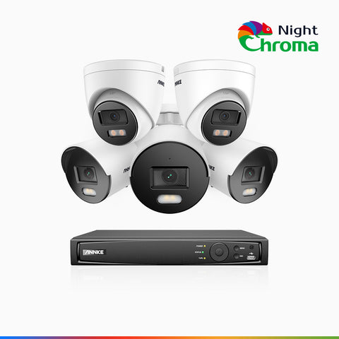 NightChroma<sup>TM</sup> NCK500 – 3K 8 Kanal PoE Überwachungskamera-Set mit 3 Bullet Kameras & 2 Turm Kameras, Farbnachtsicht, f/1.0 Superblende, 0.001 lx, Aktive Ausrichtung, Mit Mikrofon & SD-Kartensteckplatz