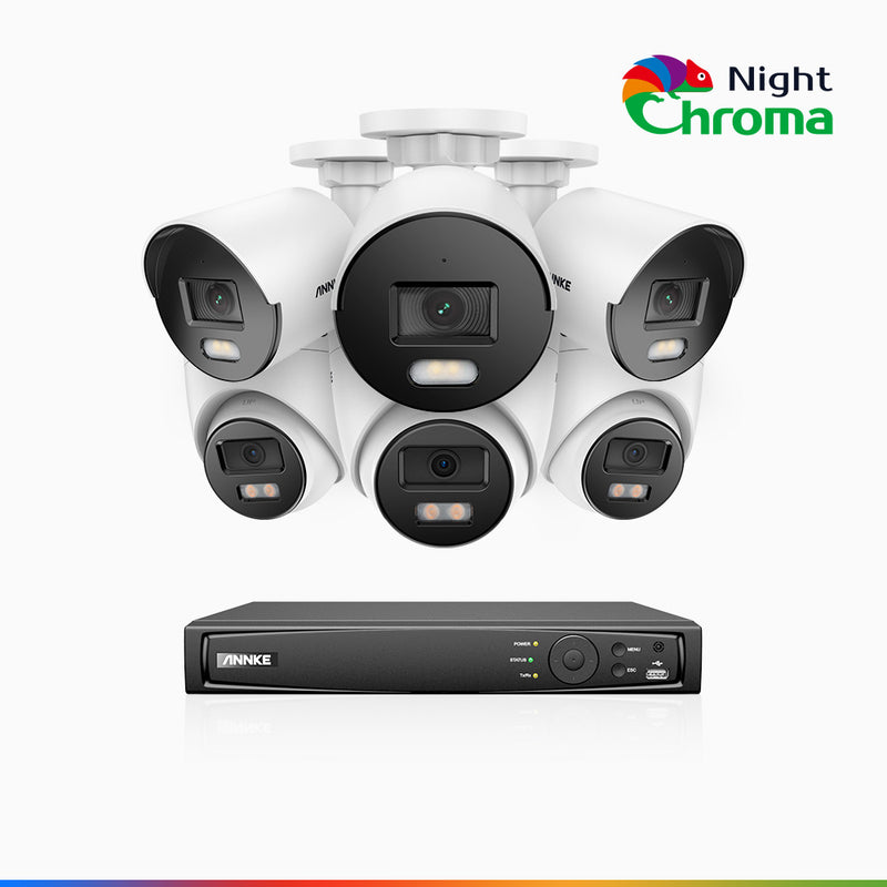 NightChroma<sup>TM</sup> NCK500 – 3K 8 Kanal PoE Überwachungskamera-Set mit 3 Bullet Kameras & 3 Turm Kameras, Farbnachtsicht, f/1.0 Superblende, 0.001 lx, Aktive Ausrichtung, Mit Mikrofon & SD-Kartensteckplatz