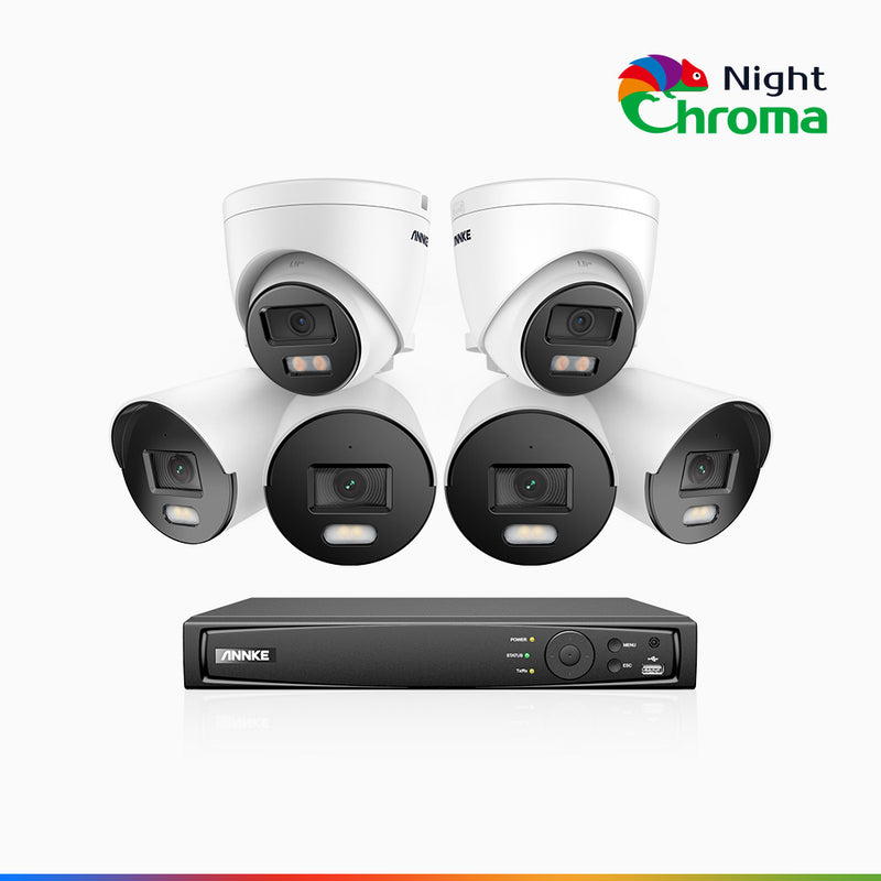 NightChroma<sup>TM</sup> NCK400 – 4MP 8 Kanal PoE Überwachungskamera-Set mit 4 Bullet Kameras & 2 Turm Kameras, Farbnachtsicht, f/1.0 Superblende, 0.001 lx, Aktive Ausrichtung, Mit Mikrofon & SD-Kartensteckplatz