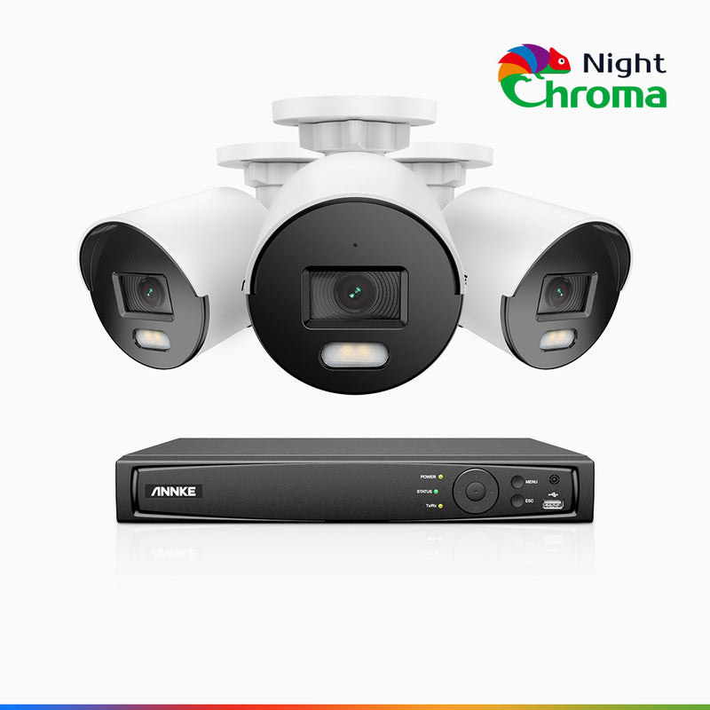 NightChroma<sup>TM</sup> NCK500 – 3K 8 Kanal PoE Überwachungskamera-Set mit 3 Kameras, Farbnachtsicht, f/1.0 Superblende, 0.001 lx, Aktive Ausrichtung, Mit Mikrofon & SD-Kartensteckplatz