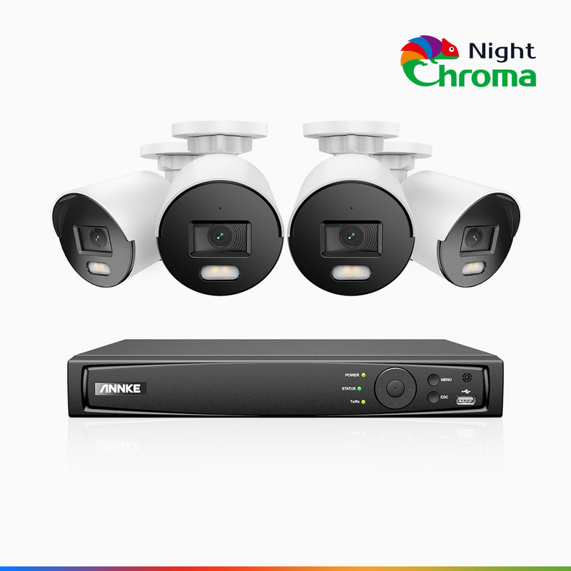 NightChroma<sup>TM</sup> NCK500 – 3K 8 Kanal PoE Überwachungskamera-Set mit 4 Kameras, Farbnachtsicht, f/1.0 Superblende, 0.001 lx, Aktive Ausrichtung, Mit Mikrofon & SD-Kartensteckplatz