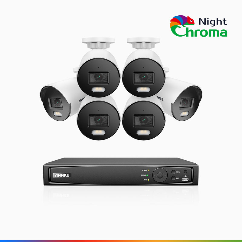 NightChroma<sup>TM</sup> NCK400 – 4MP 8 Kanal PoE Überwachungskamera-Set mit 6 Kameras, Farbnachtsicht, f/1.0 Superblende, 0.001 lx, Aktive Ausrichtung, Mit Mikrofon & SD-Kartensteckplatz