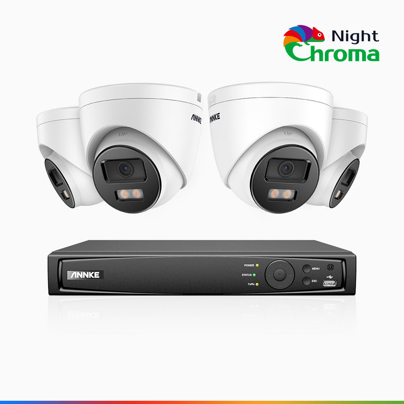 NightChroma<sup>TM</sup> NCK400 – 4MP 8 Kanal PoE Überwachungskamera-Set mit 4 Kameras, Farbnachtsicht, f/1.0 Superblende, 0.001 lx, Aktive Ausrichtung, Mit Mikrofon & SD-Kartensteckplatz