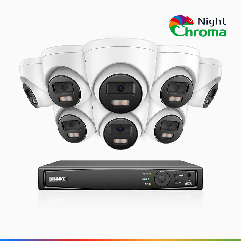 NightChroma<sup>TM</sup> NCK500 – 3K 8 Kanal PoE Überwachungskamera-Set mit 6 Kameras, Farbnachtsicht, f/1.0 Superblende, 0.001 lx, Aktive Ausrichtung, Mit Mikrofon & SD-Kartensteckplatz
