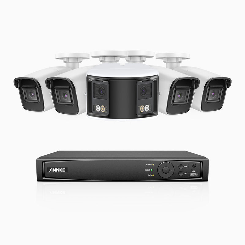 HDCK680 - 8 Kanal PoE Überwachungskamera-Set mit 4*4K Kameras & 1*6MP zwei Objektiven Kamera (180° Ultraweitwinkel), Personen-und Fahrzeugerkennung, Eingebautes Mikrophon