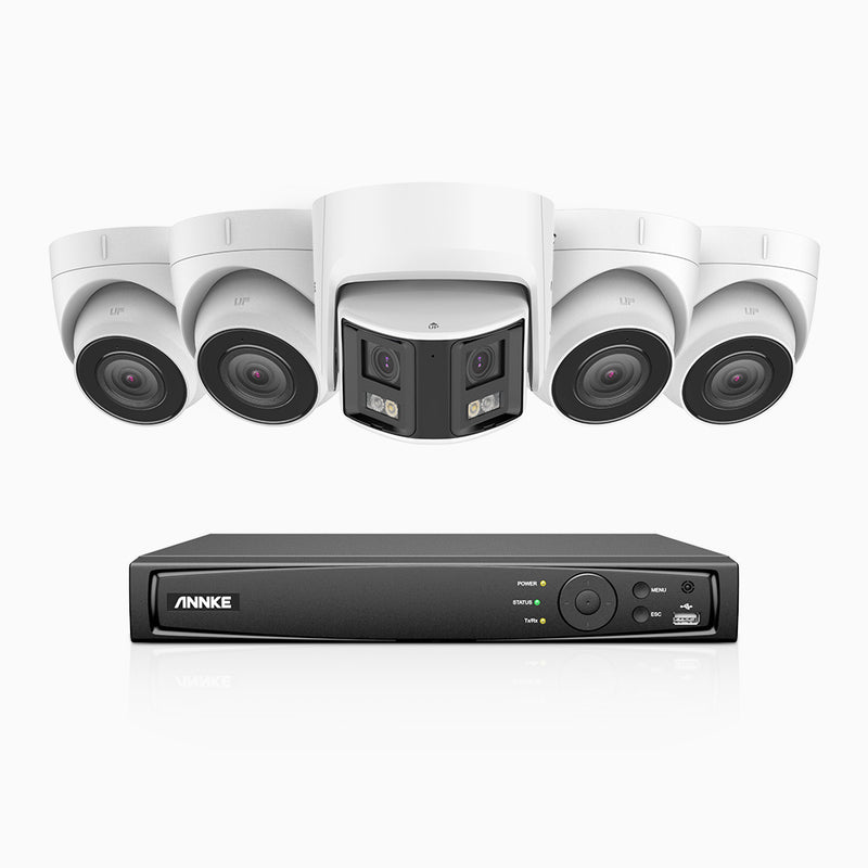 HDCK680 - 8 Kanal PoE Überwachungskamera-Set mit 4*4K Kameras & 1*6MP zwei Objektiven Kamera (180° Ultraweitwinkel), Personen-und Fahrzeugerkennung, Eingebautes Mikrophon