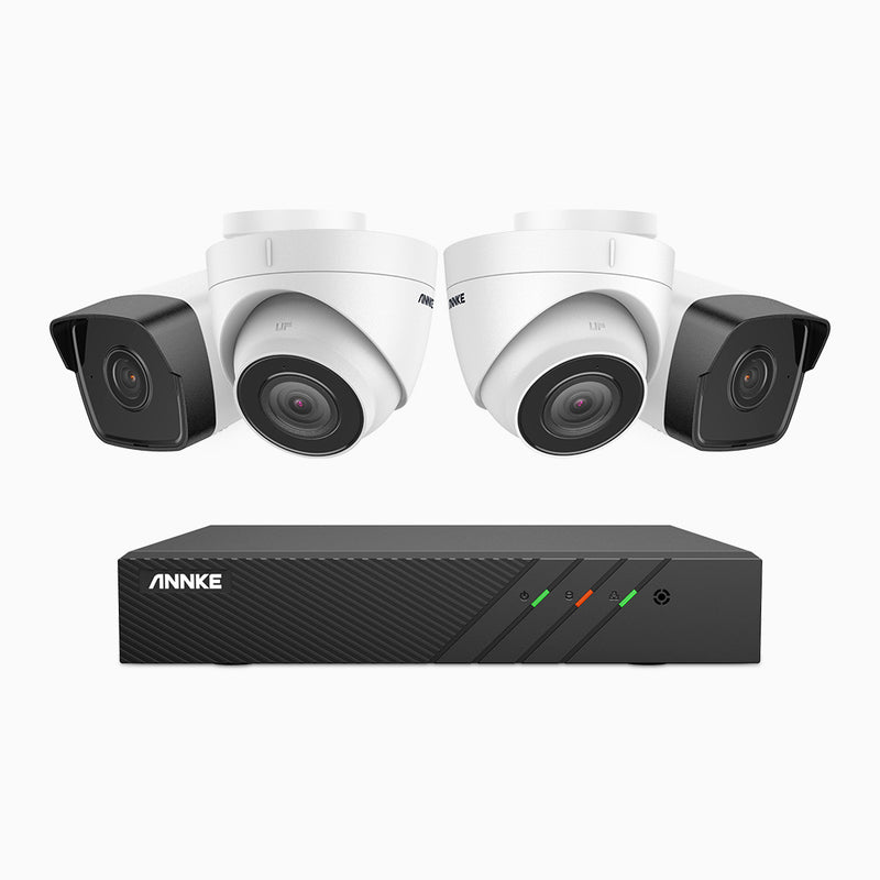 H500 - 5MP 8 Kanal PoE Überwachungskamera-Set mit 2 Bullet Kameras & 2 Turm Kameras, EXIR Nachtsicht 2.0, Eingebautes Mikrofon, Unterstützt RTSP und ONVIF, funktioniert mit Alexa, IP67