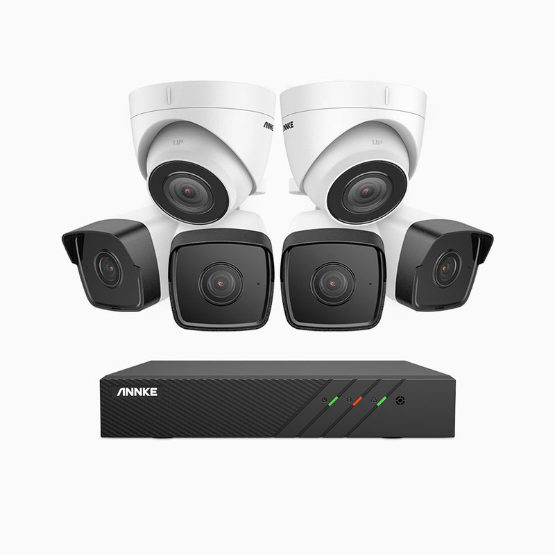 H500 - 5MP 8 Kanal PoE Überwachungskamera-Set mit 4 Bullet Kameras & 2 Turm Kameras, EXIR Nachtsicht 2.0, Eingebautes Mikrofon, Unterstützt RTSP und ONVIF, funktioniert mit Alexa, IP67