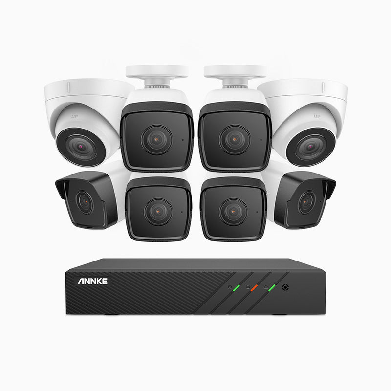H500 - 5MP 8 Kanal PoE Überwachungskamera-Set mit 6 Bullet Kameras & 2 Turm Kameras, EXIR Nachtsicht 2.0, Eingebautes Mikrofon, Unterstützt RTSP und ONVIF, funktioniert mit Alexa, IP67