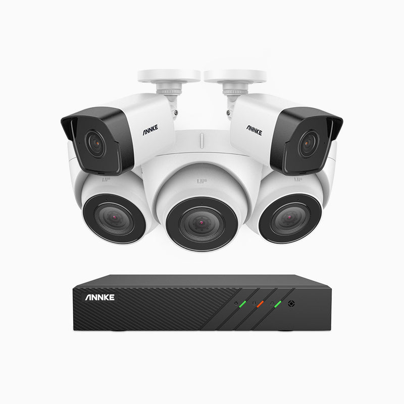 H500 - 5MP 8 Kanal PoE Überwachungskamera-Set mit 2 Bullet Kameras & 3 Turm Kameras, EXIR Nachtsicht 2.0, Eingebautes Mikrofon, Unterstützt RTSP und ONVIF, funktioniert mit Alexa, IP67