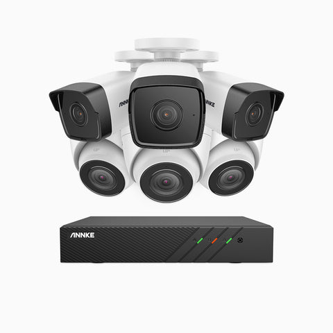 H500 - 5MP 8 Kanal PoE Überwachungskamera-Set mit 3 Bullet Kameras & 3 Turm Kameras, EXIR Nachtsicht 2.0, Eingebautes Mikrofon, Unterstützt RTSP und ONVIF, funktioniert mit Alexa, IP67