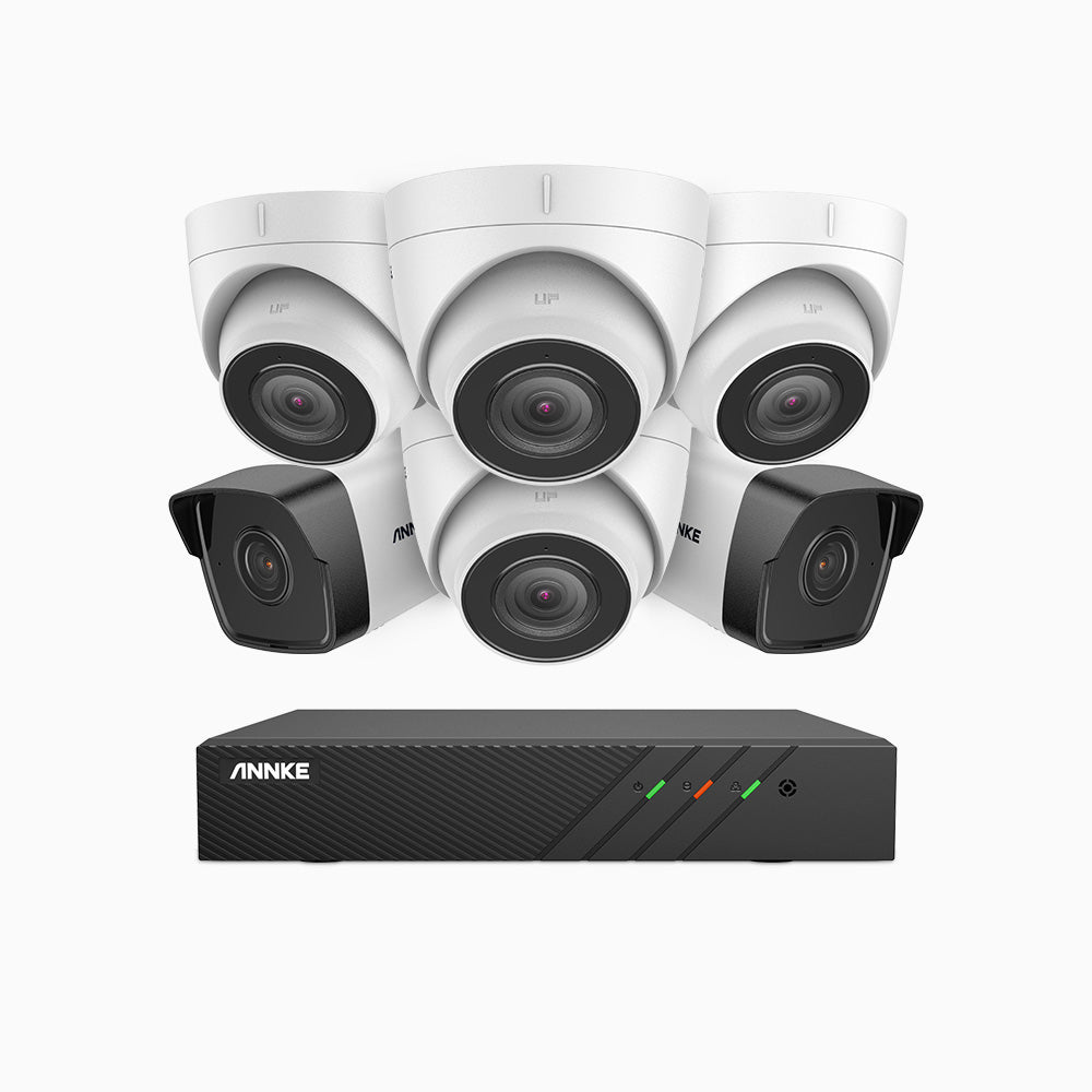 H500 - 3K 8 Kanal PoE Überwachungskamera-Set mit 2 Bullet Kameras & 4 Turm Kameras, EXIR Nachtsicht 2.0, Eingebautes Mikrofon, Unterstützt RTSP und ONVIF, funktioniert mit Alexa, IP67