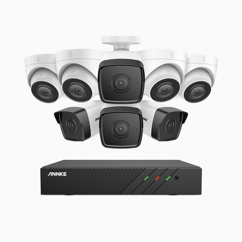 H500 - 5MP 8 Kanal PoE Überwachungskamera-Set mit 4 Bullet Kameras & 4 Turm Kameras, EXIR Nachtsicht 2.0, Eingebautes Mikrofon, Unterstützt RTSP und ONVIF, funktioniert mit Alexa, IP67