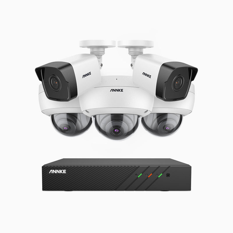 H500 - 5MP 8 Kanal PoE Überwachungskamera-Set mit 2 Bullet Kameras & 3 Dome Kameras, EXIR Nachtsicht 2.0, Eingebautes Mikrofon, Unterstützt RTSP und ONVIF, funktioniert mit Alexa, IP67