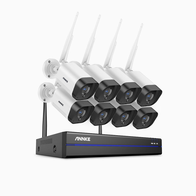 WS300 - 2K 8 Kanal Funk Überwachungssystem Set mit 8 Kameras, 300 m Funksignalreichweite, Eingebautes Mikrofon, Menschliche Anerkennung, funktioniert mit Alexa