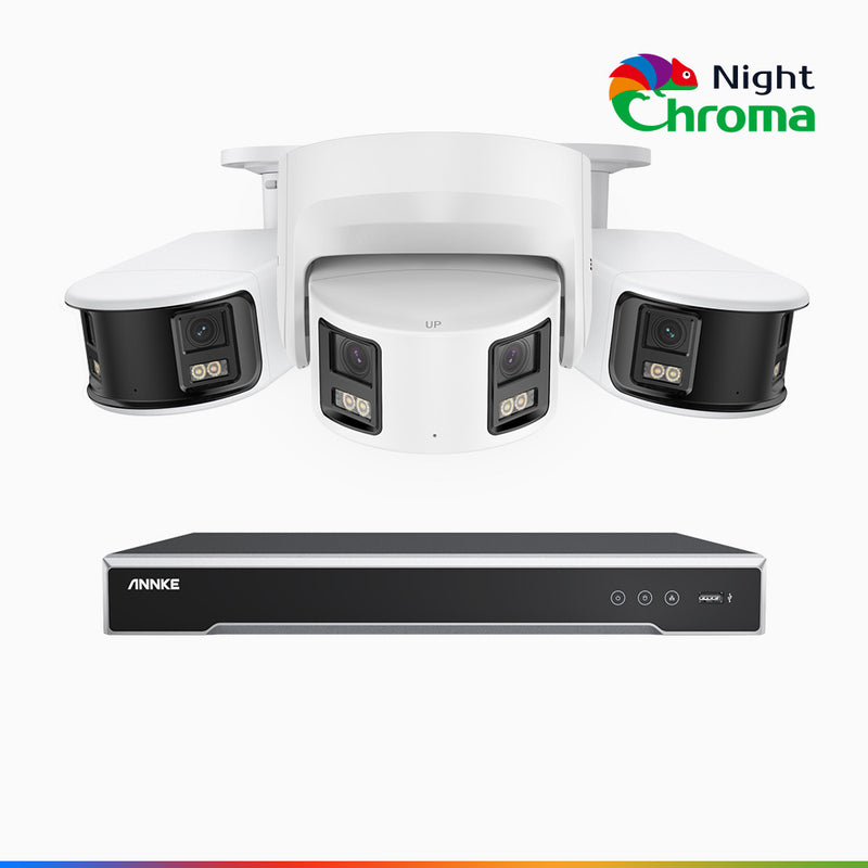 NightChroma<sup>TM</sup> NDK800 - 4K 8 Kanal PoE Panorama Überwachungskamera-Set mit 2 Bullet Kameras & 1 Turm Kamera, Doppelobjektiv, Farbnachtsicht, mit f/1.0 Super Aperture (0,0005 Lux), aktiver Sirene und Blitz, Personen-und Fahrzeugerkennung