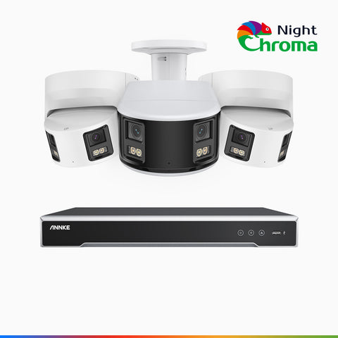 NightChroma<sup>TM</sup> NDK800 - 4K 8 Kanal PoE Panorama Überwachungskamera-Set mit 1 Bullet Kamera & 2 Turm Kameras, Doppelobjektiv, Farbnachtsicht, mit f/1.0 Super Aperture (0,0005 Lux), aktiver Sirene und Blitz, Personen-und Fahrzeugerkennung