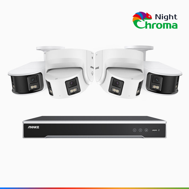 NightChroma<sup>TM</sup> NDK800 - 4K 8 Kanal PoE Panorama Überwachungskamera-Set mit 2 Bullet Kameras & 2 Turm Kameras, Doppelobjektiv, Farbnachtsicht, mit f/1.0 Super Aperture (0,0005 Lux), aktiver Sirene und Blitz, Personen-und Fahrzeugerkennung