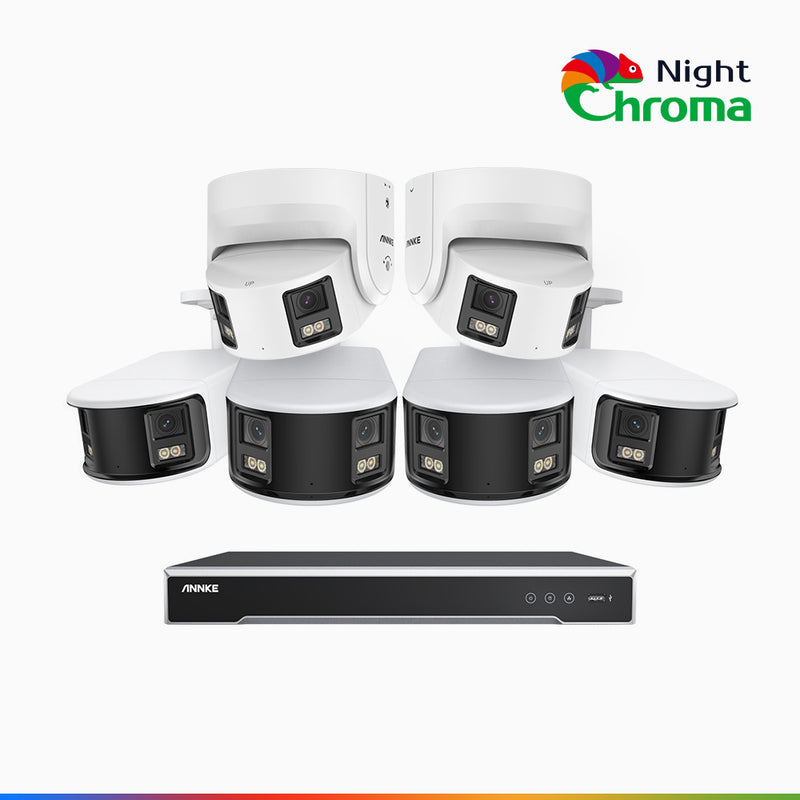 NightChroma<sup>TM</sup> NDK800 - 4K 8 Kanal PoE Panorama Überwachungskamera-Set mit 4 Bullet Kameras & 2 Turm Kameras, Doppelobjektiv, Farbnachtsicht, mit f/1.0 Super Aperture (0,0005 Lux), aktiver Sirene und Blitz, Personen-und Fahrzeugerkennung